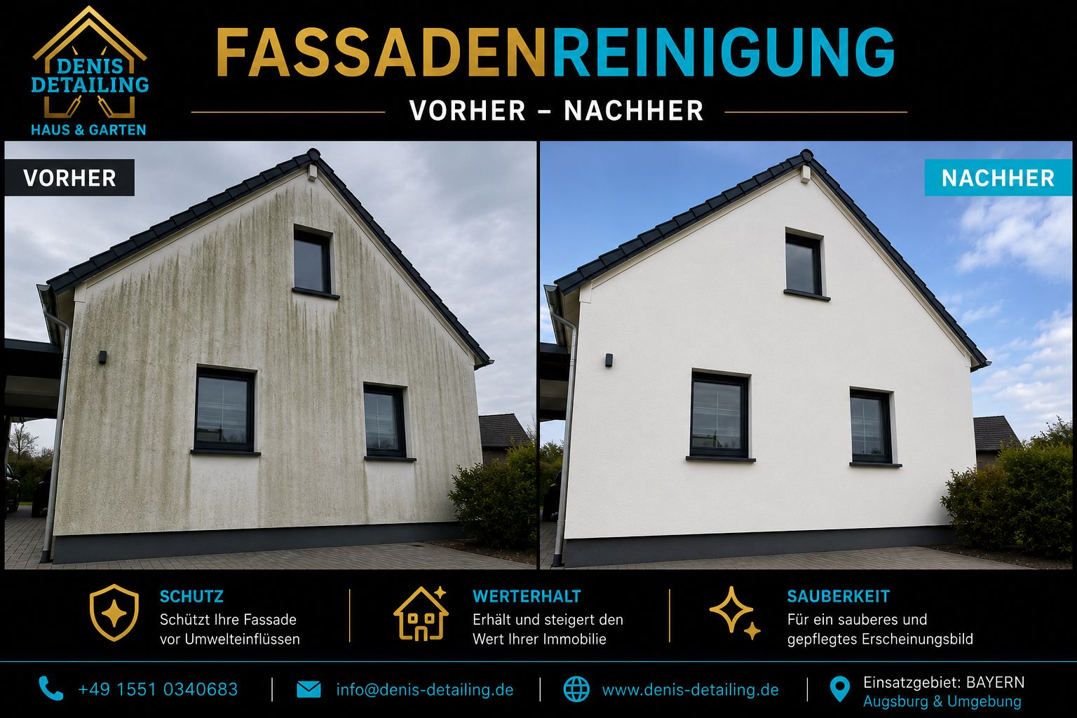 Fassadenreinigung Vorher und Nachher von Denis Detailing Haus und Garten