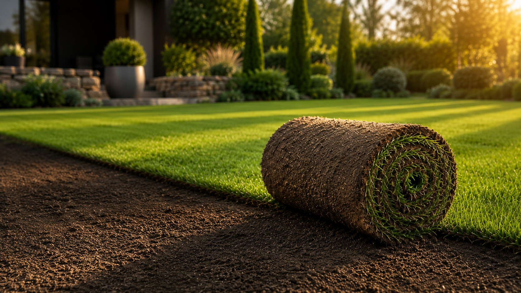 Frisch verlegter Rollrasen mit Rasenrolle im Garten